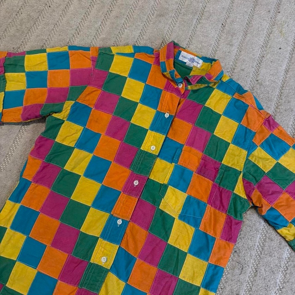VTG 80s Rebecca Thomas checkered buttonup shirt size 12 Funky ColorBlock Retro